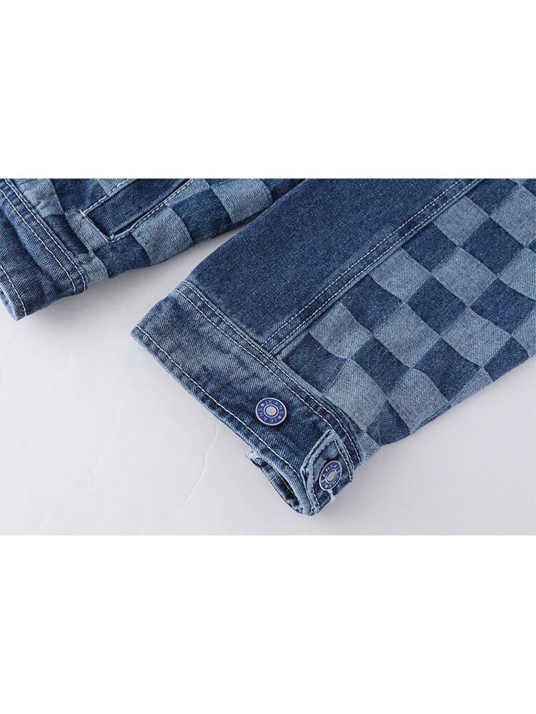 Women's Vintage Y2K Plaid Patchwork Denim Trucker Jacket - Image 6