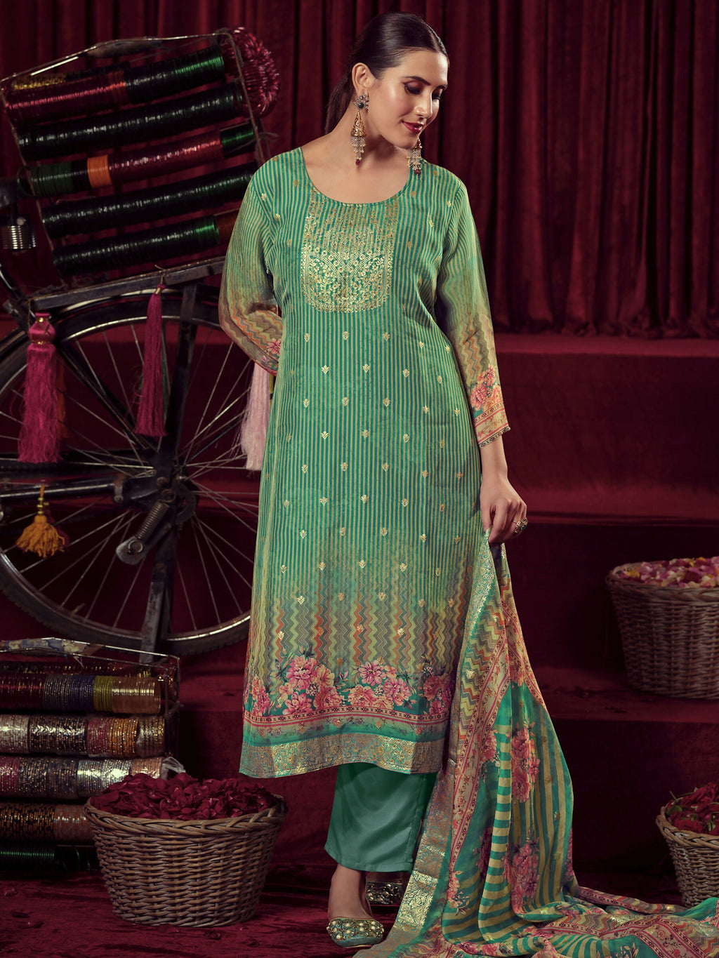 Green organza jacquard woven straight kurta set with muslin trousers and organza dupatta.