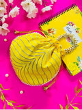 Vibrant yellow potli bag with intricate pearl hand work details