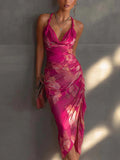 Carmine Red Backless Halter Maxi Dress Satin Floral Slip