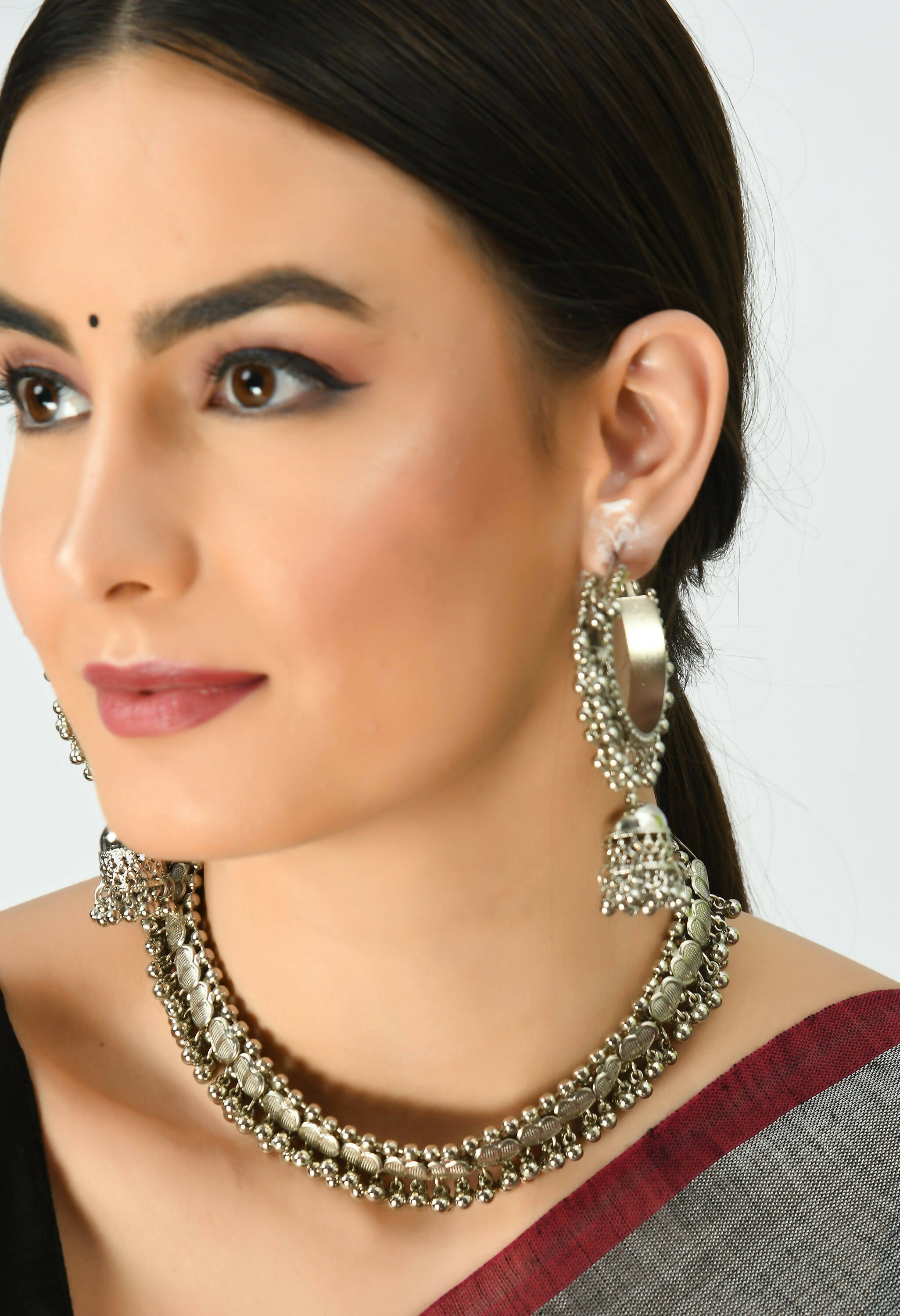 Oxidised Silver-Plated Heart Design Choker Necklace Set
