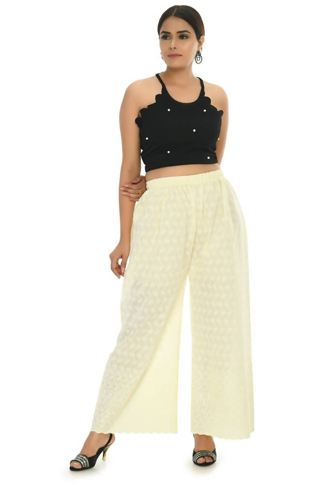 Women's Off White Cotton Chikankari Palazzo Pants