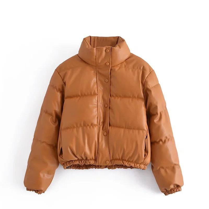 Stylish Women's Tan Faux Leather Puffer Jacket with Stand Collar - Image 9