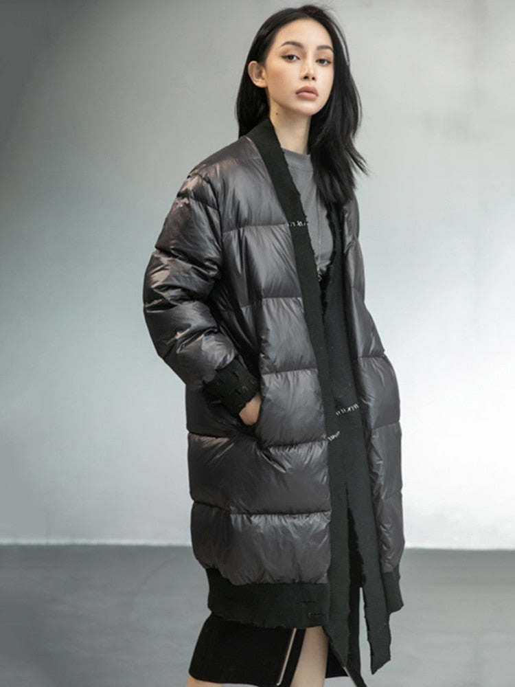 Women's Harajuku Loose Fit Black Spliced Puffer Parka Jacket - Image 4