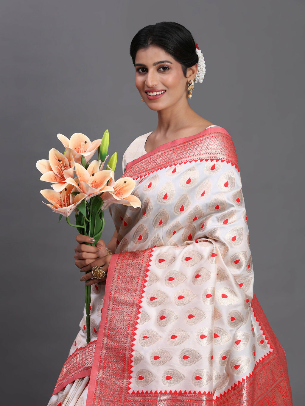 Banarasi Silk Saree in Red and White with Matching Blouse