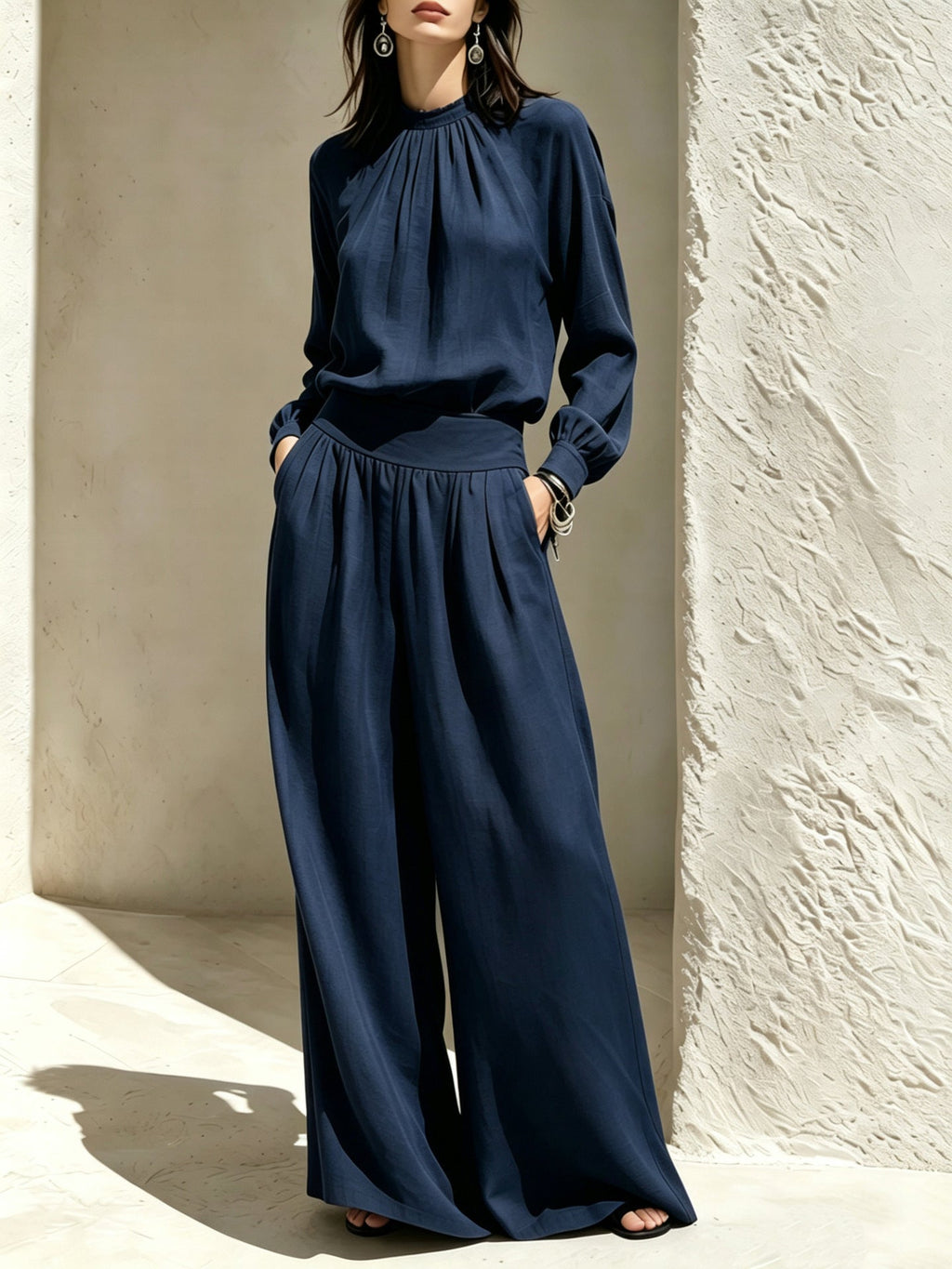 Women's Stand-Up Collar Puff Sleeve Blouse & Wide-Leg Pants Set