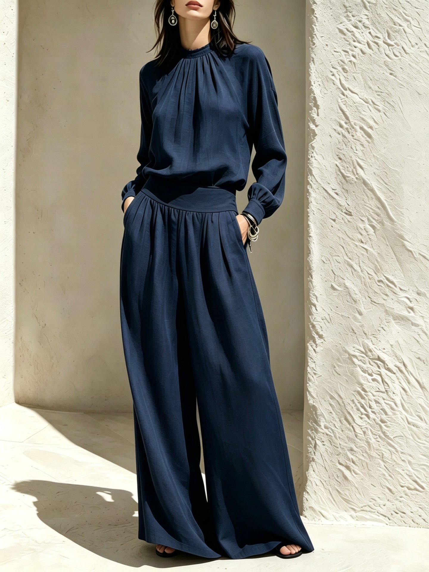 Women's Stand-Up Collar Puff Sleeve Blouse & Wide-Leg Pants Set