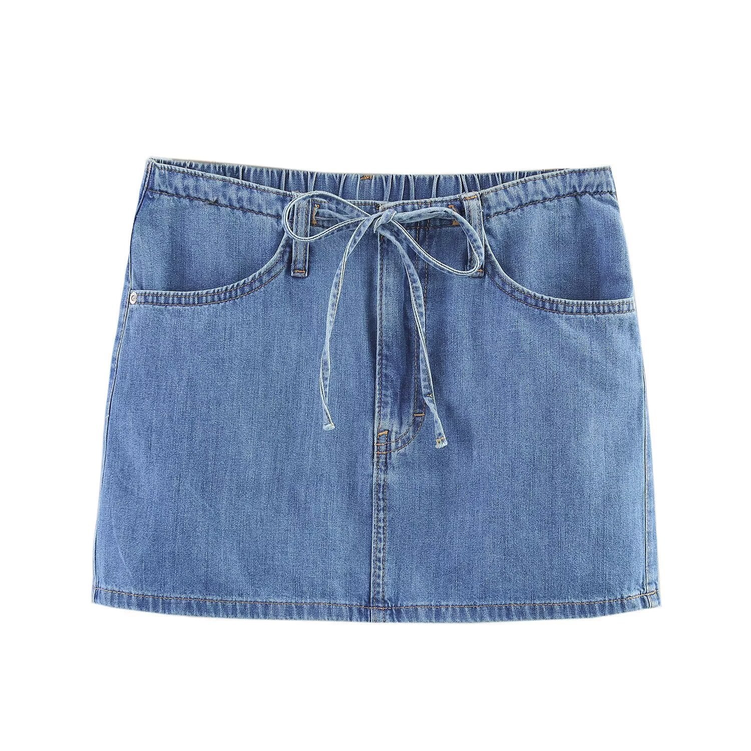 Front view of a Women's Harajuku Style blue denim mini skirt with an elastic waistband, decorative front drawstring, and functional front pockets.