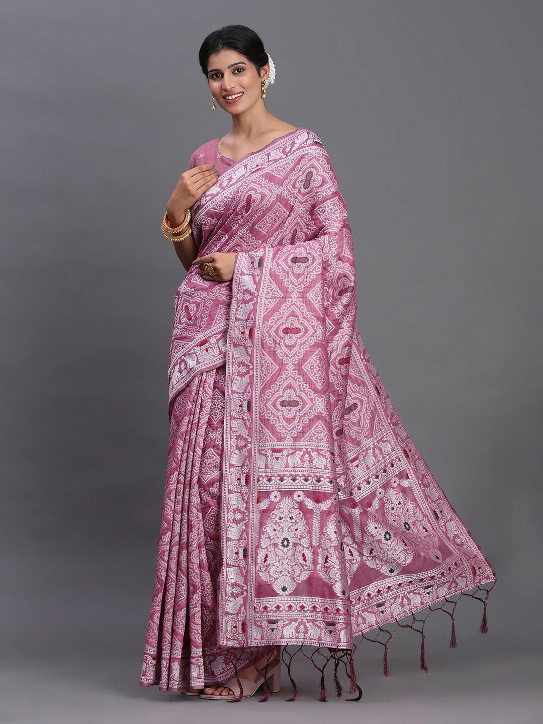 Purple Linen Cotton Saree with Matching Blouse Piece