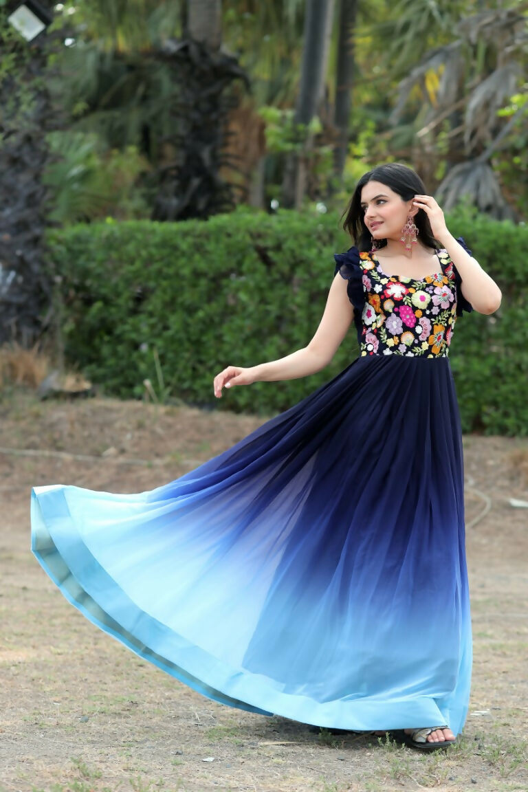 Women's Blue Sequins Embroidery Faux Blooming Anarkali Dress