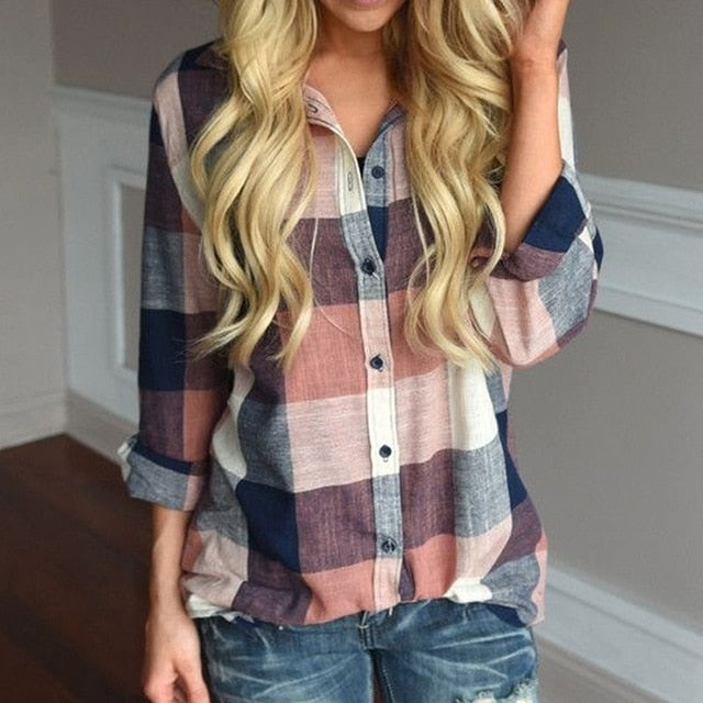 Women's Casual Long Sleeve Plaid Shirt Cotton Hemp Blend Top - Image 7