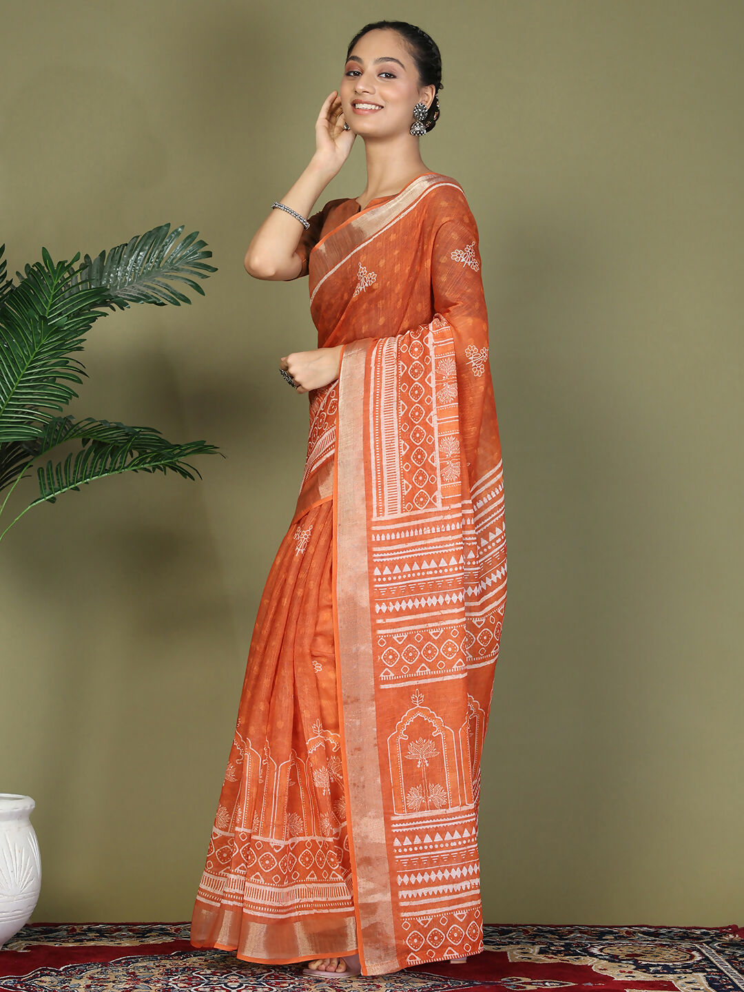 Bright Orange Cotton Saree for Women with Matching Blouse