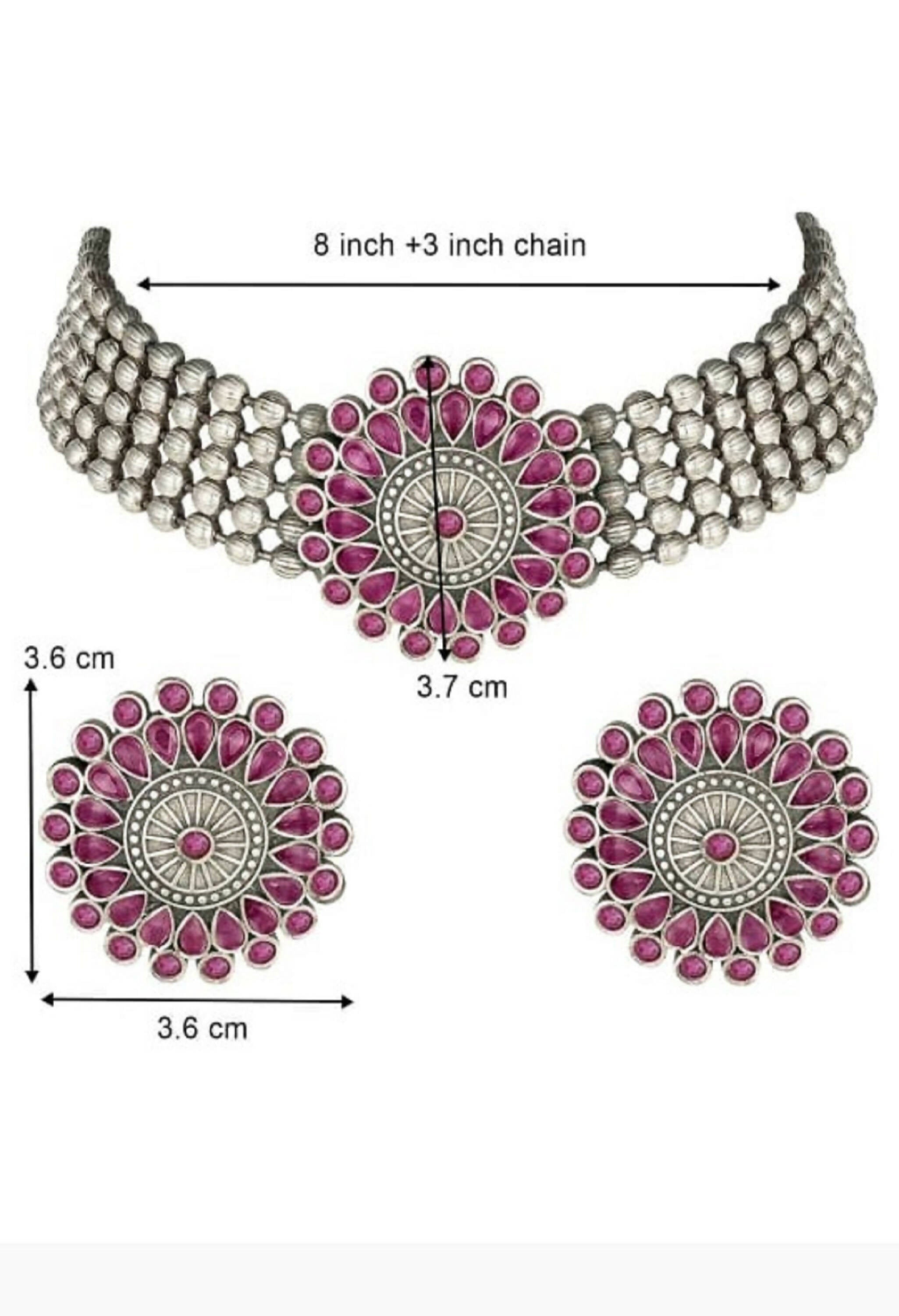 Pink Kundan Oxidised Silver-Plated Brass Finish Choker