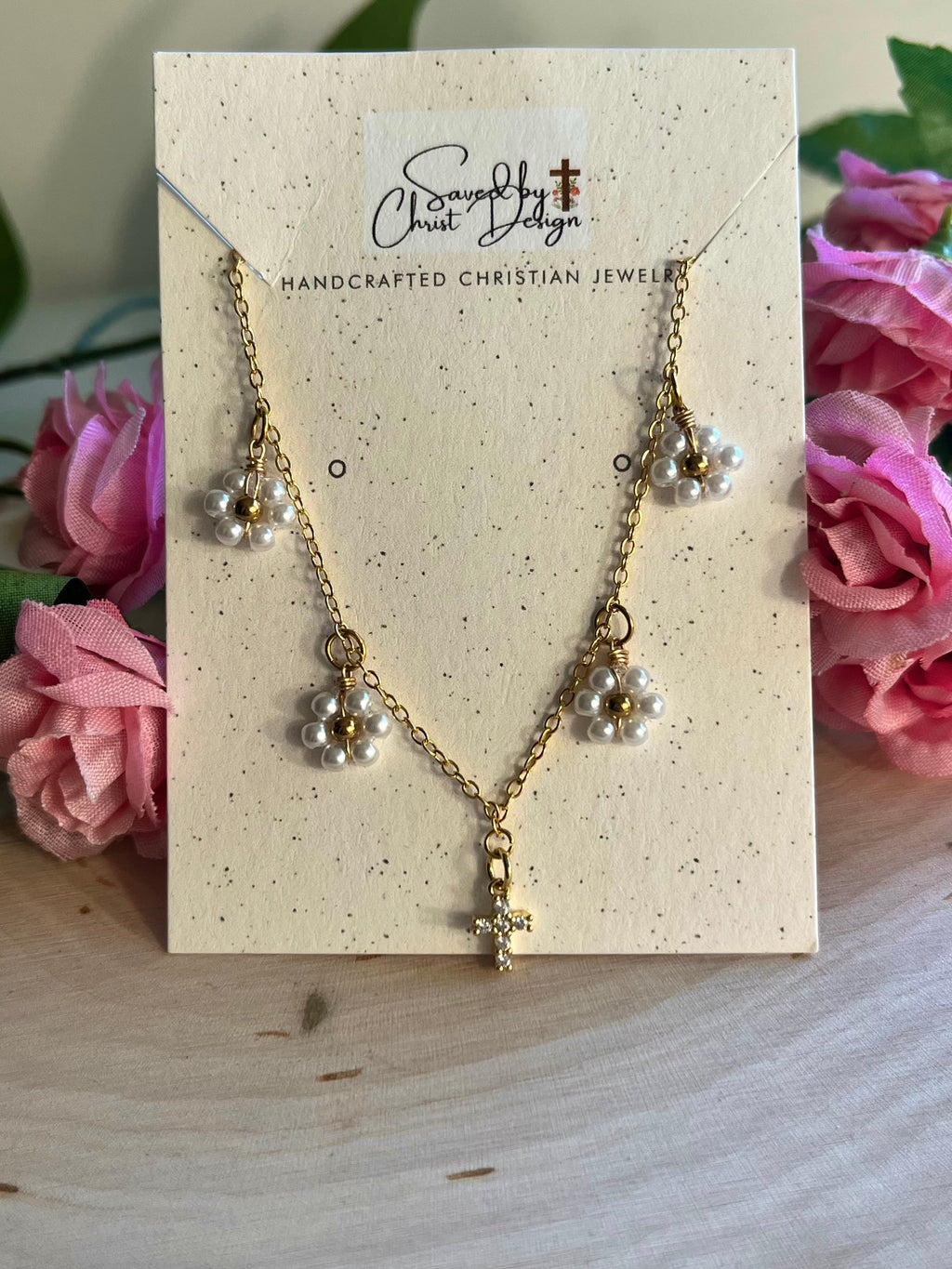 Gold Necklace – 16K Faith Pendant with Daisies and Cross