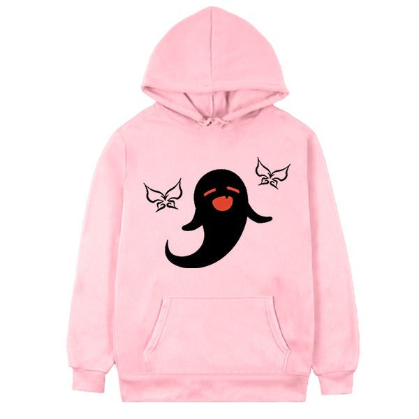 Women's Hu Tao Anime Graphic Hoodie in pink and white, showcasing unique Harajuku style designs with ghost and floral motifs.