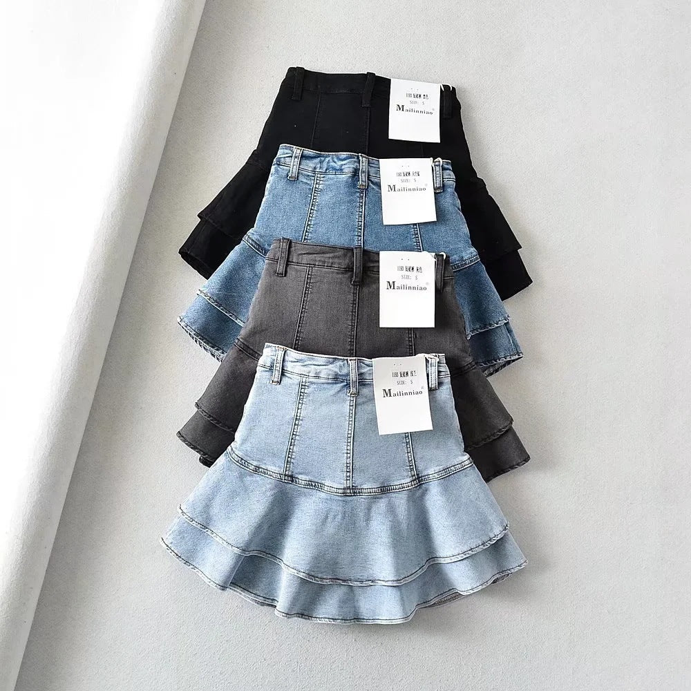 High Waisted Tiered Denim Mini Skirt with Ruffle Hem - Image 2