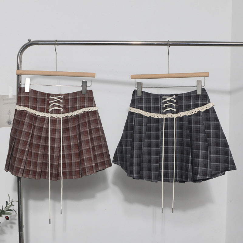 Checkered Pleated Mini Skirt with Decorative Lace-Up Detail - Image 4