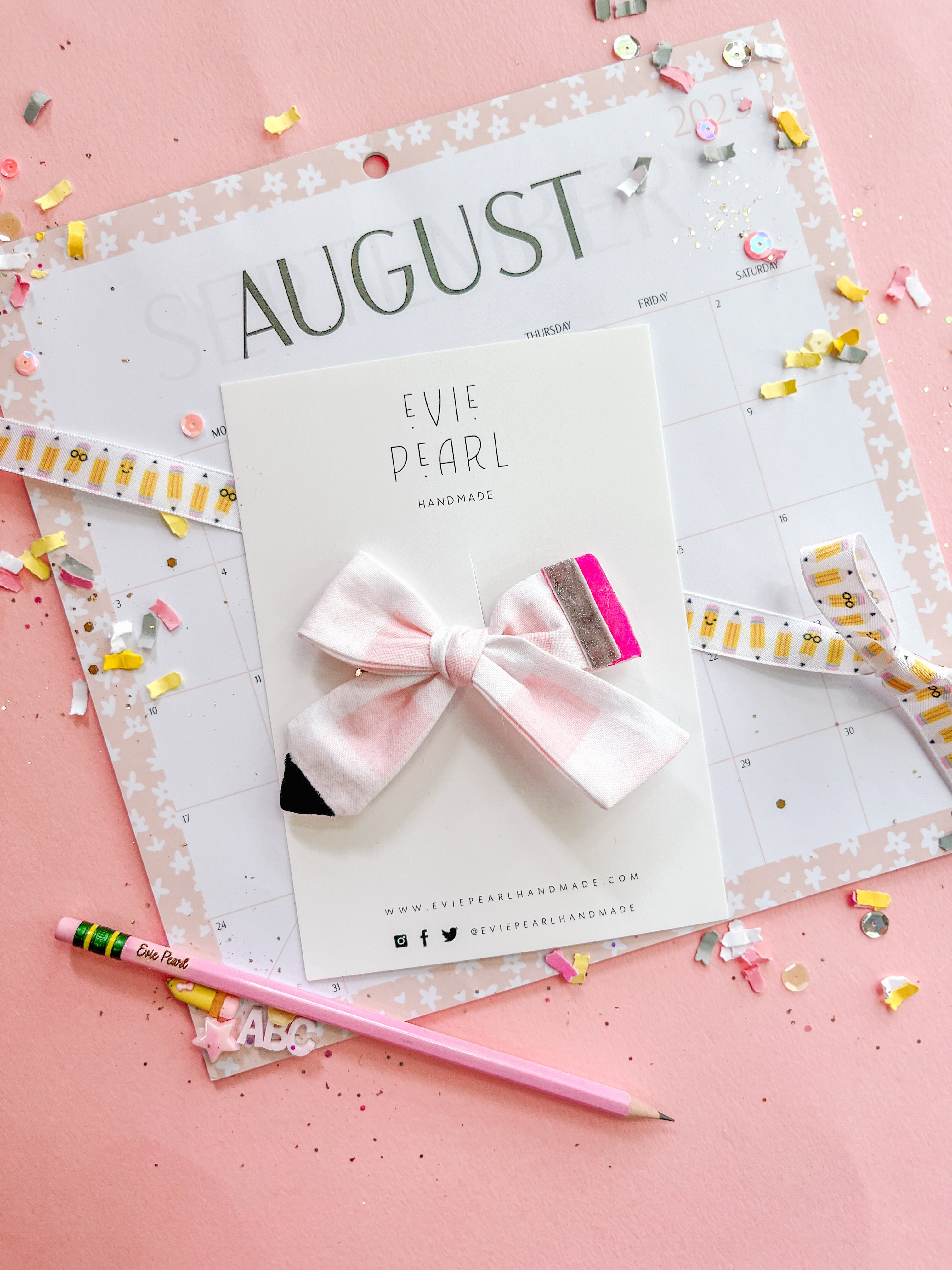 Pink Gingham Pencil Medium Hair Bow