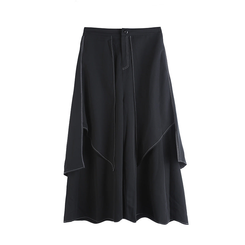 Women's Black Loose Wide Leg Pants with White Stitch Detail - Image 4