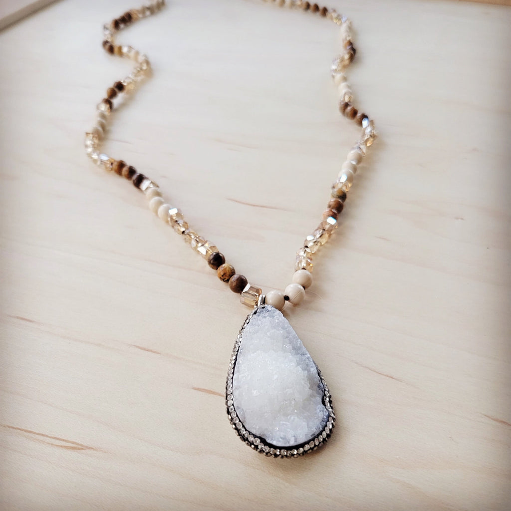 Picture Jasper Beaded Necklace with White Druzy Pendant