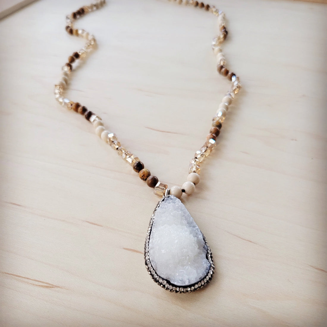 Picture Jasper Beaded Necklace with White Druzy Pendant