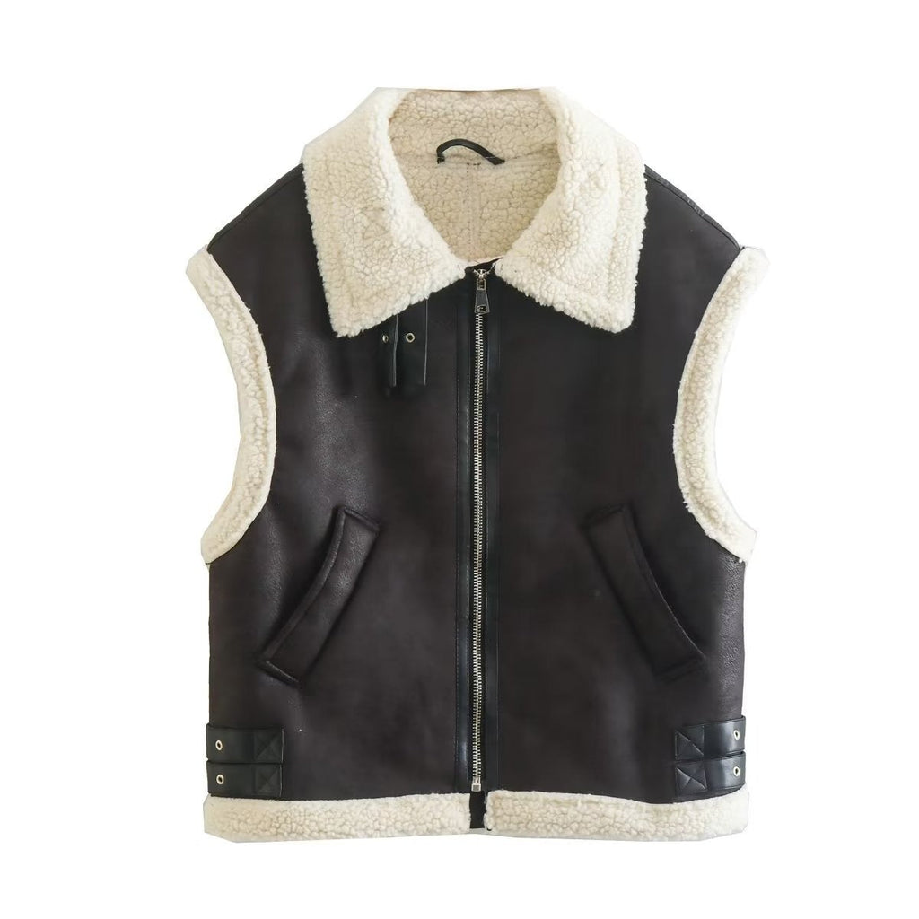 Women's Harajuku Faux Leather & Shearling Lapel Vest - Warm & Stylish - Image 4