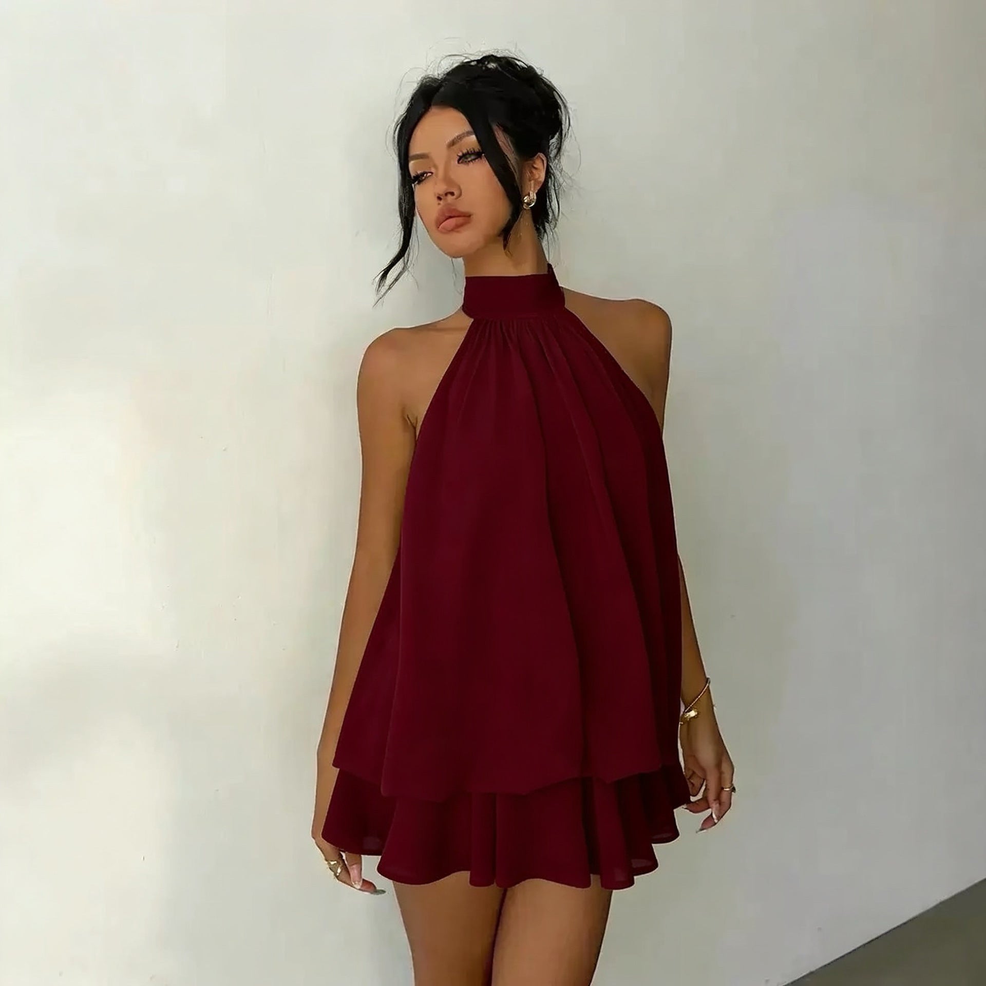 Backless Halter Neck High-Waist Mini Dress with Puffy Skirt
