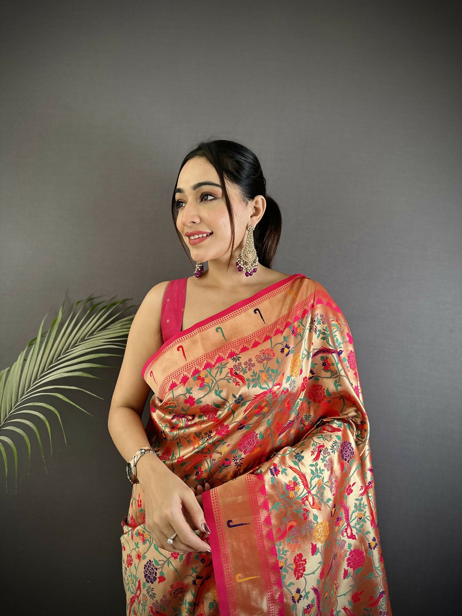 Rani Pink Floral & Leaf Design Soft Silk Paithani Saree with Blouse