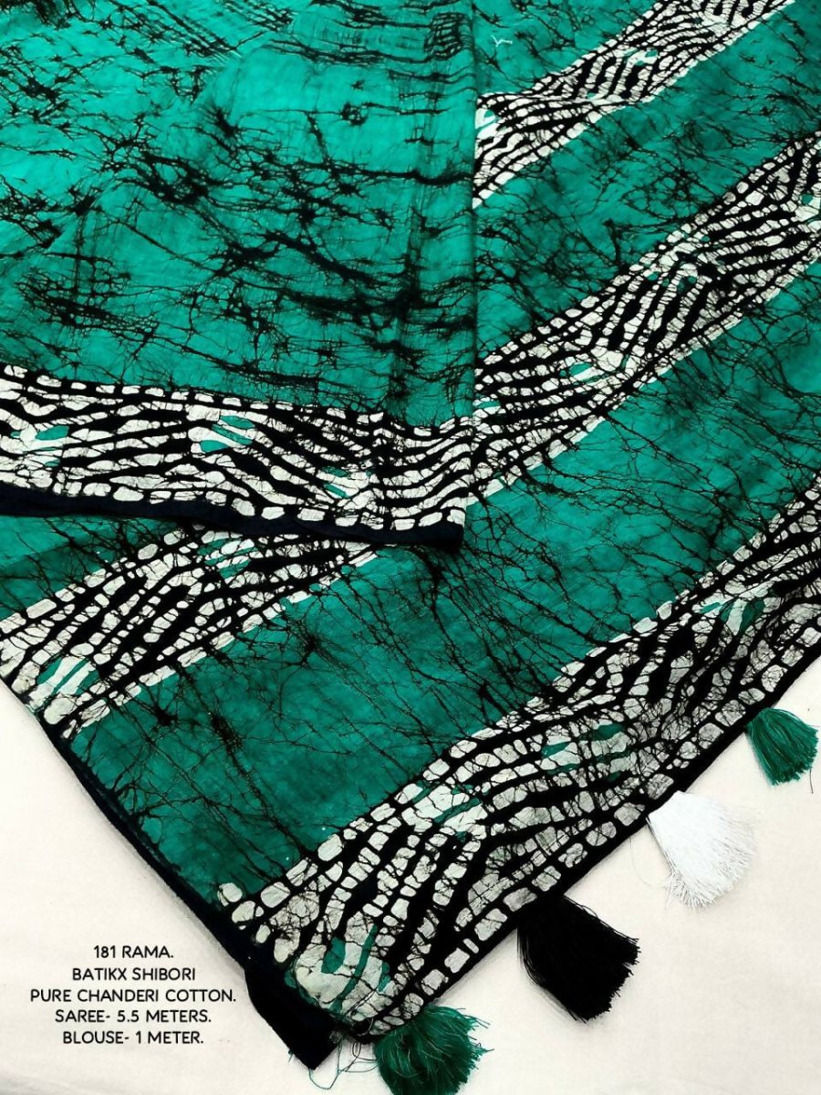 Rama Green & Black Pure Chanderi Cotton Batik Saree