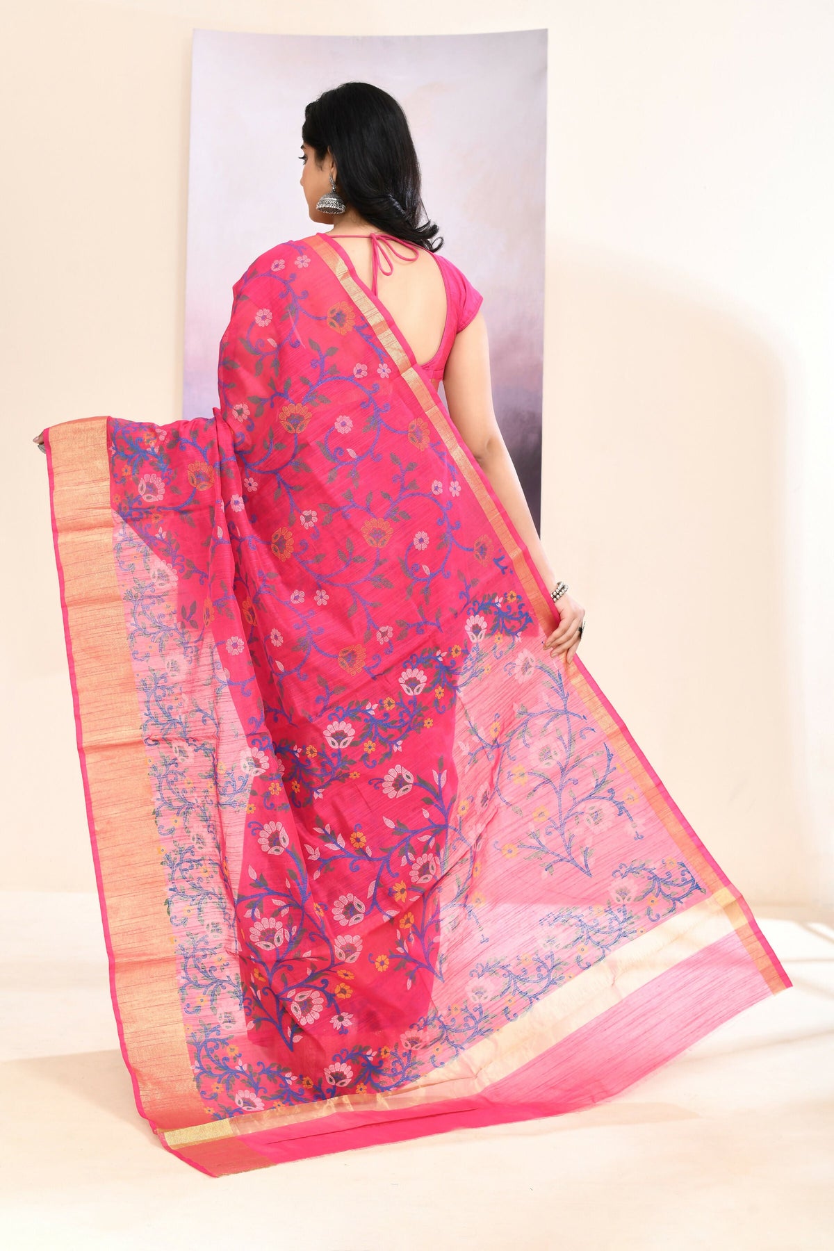 Women's Pink Embellished Printed Saree in Soft Cotton Blend