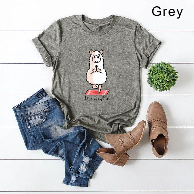 Women's Cotton Graphic T-Shirt - 'Llamaste' Sheep Print Tee - Image 8