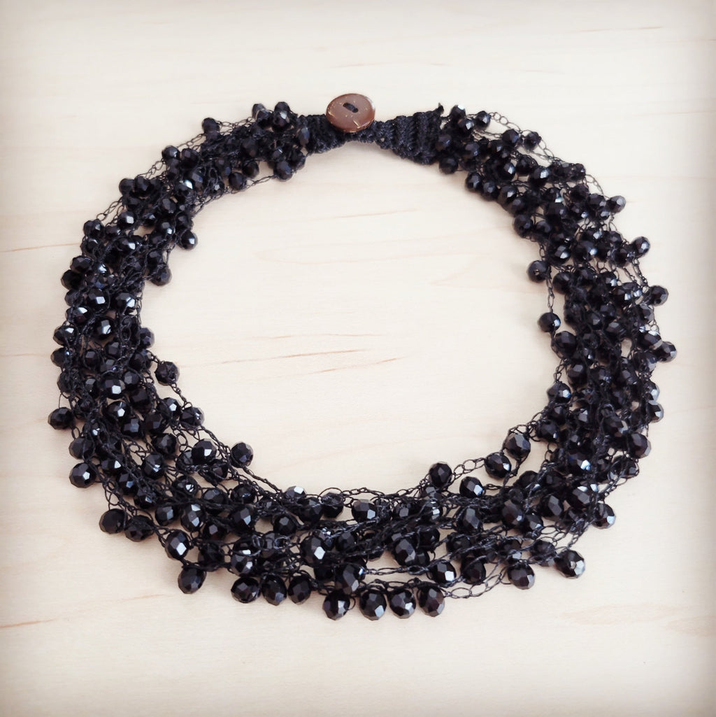 Black Crystal Cluster Statement Choker with Wooden Button - Image 3