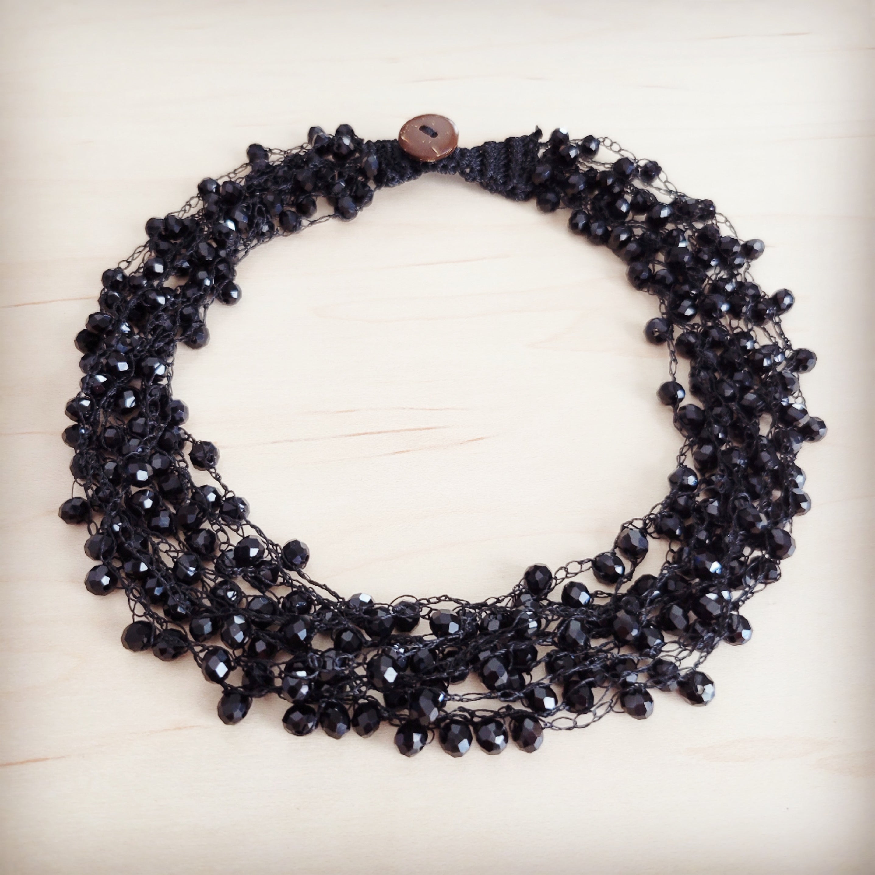 Black Crystal Cluster Statement Choker with Wooden Button - Image 3
