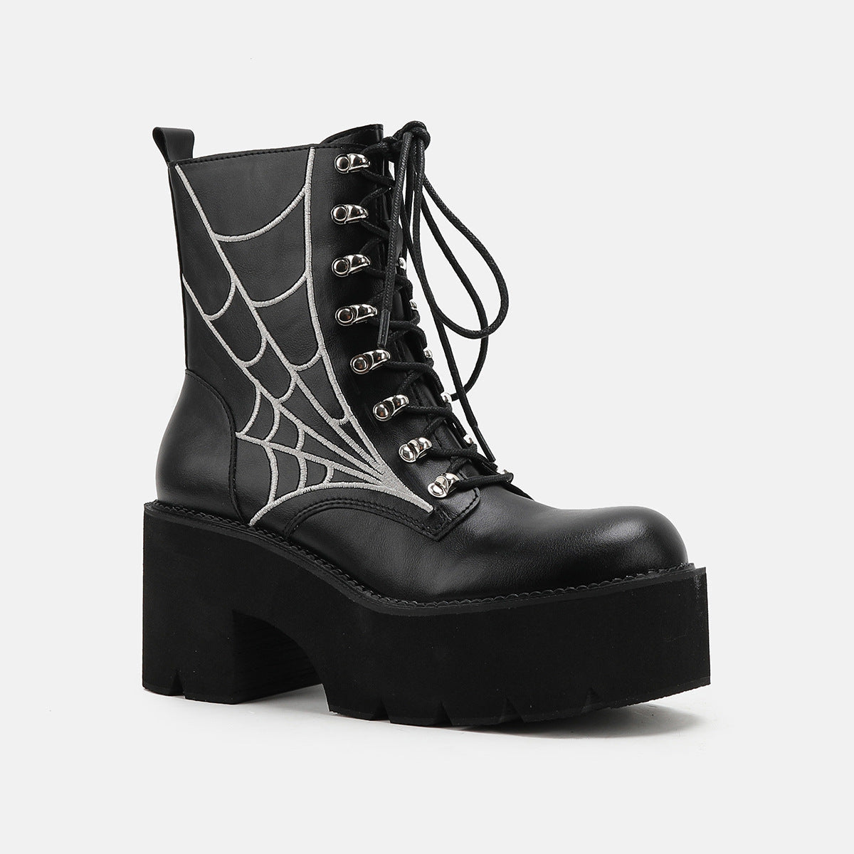 Women's Black Platform Spiderweb Lace-Up Combat Boots - Image 4