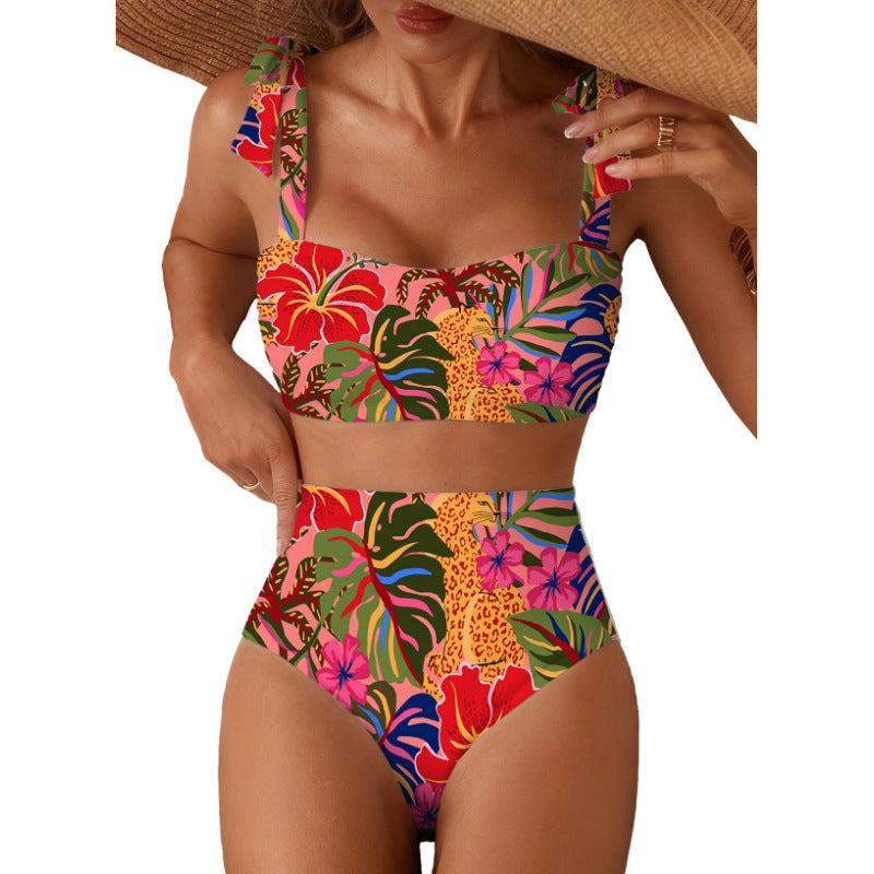 Tie-Shoulder Striped High-Waisted Bikini Set Two-Piece Swimsuit