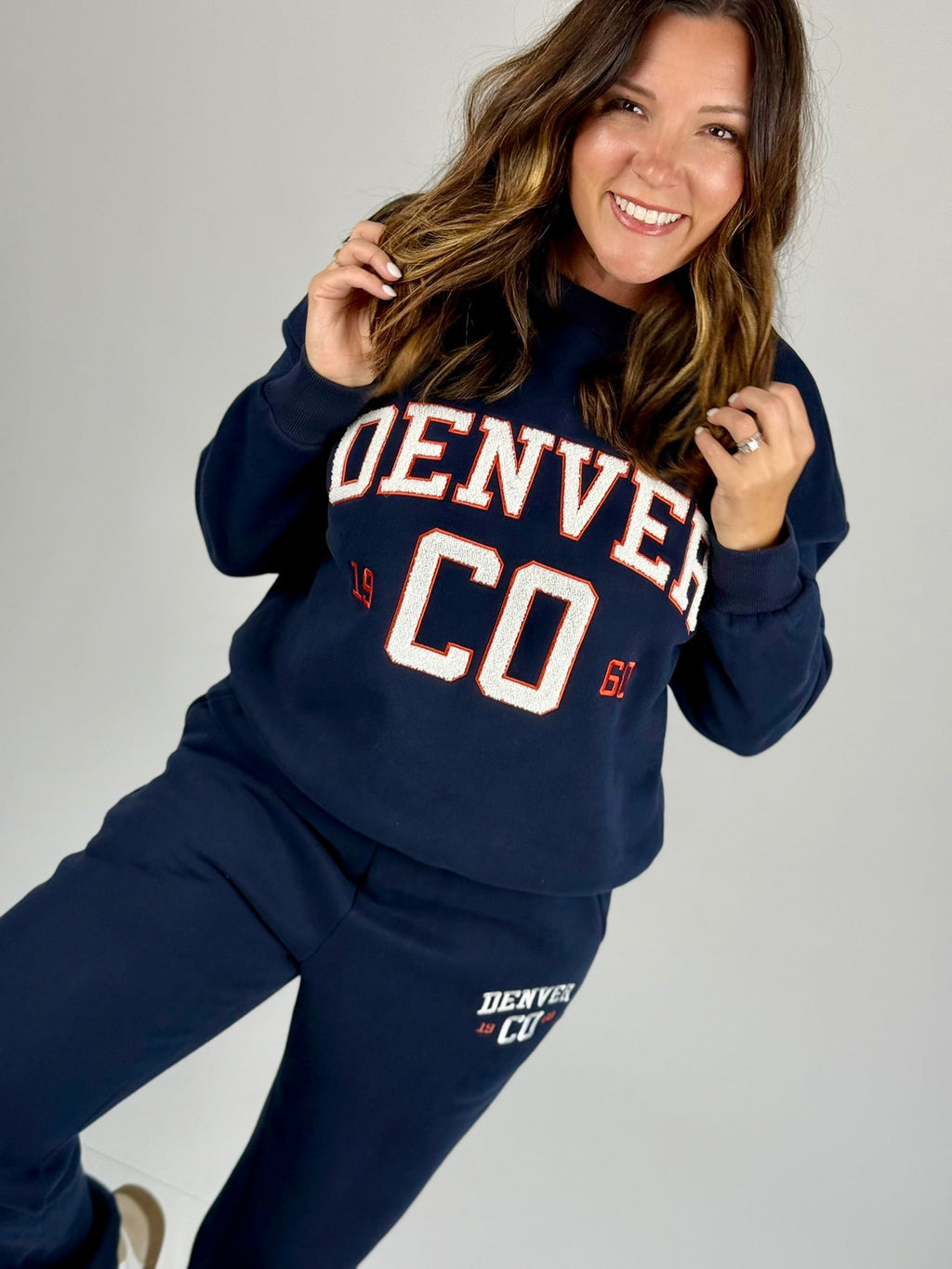 Denver Chenille Lettering Sweatshirt - Navy White Red Crewneck