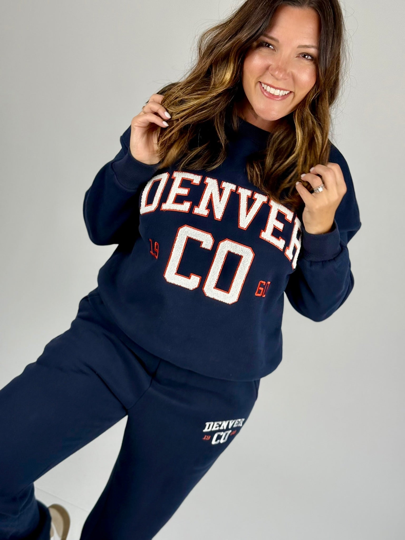 Denver Chenille Lettering Sweatshirt - Navy White Red Crewneck
