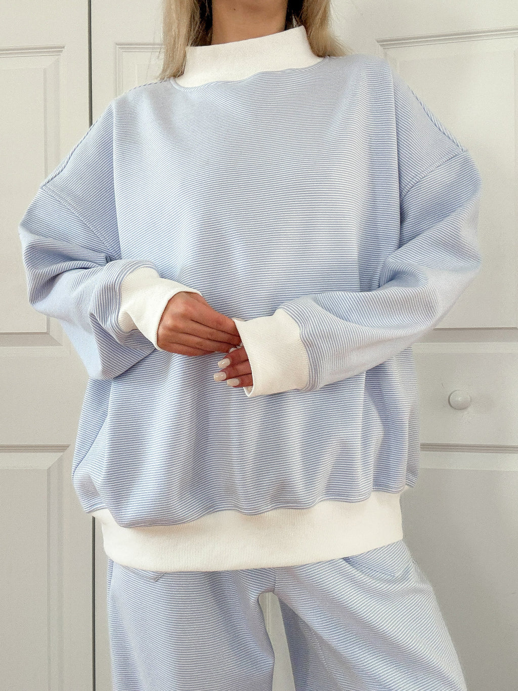 Blue and White Mini Striped Mockneck Sweatshirt Unisex