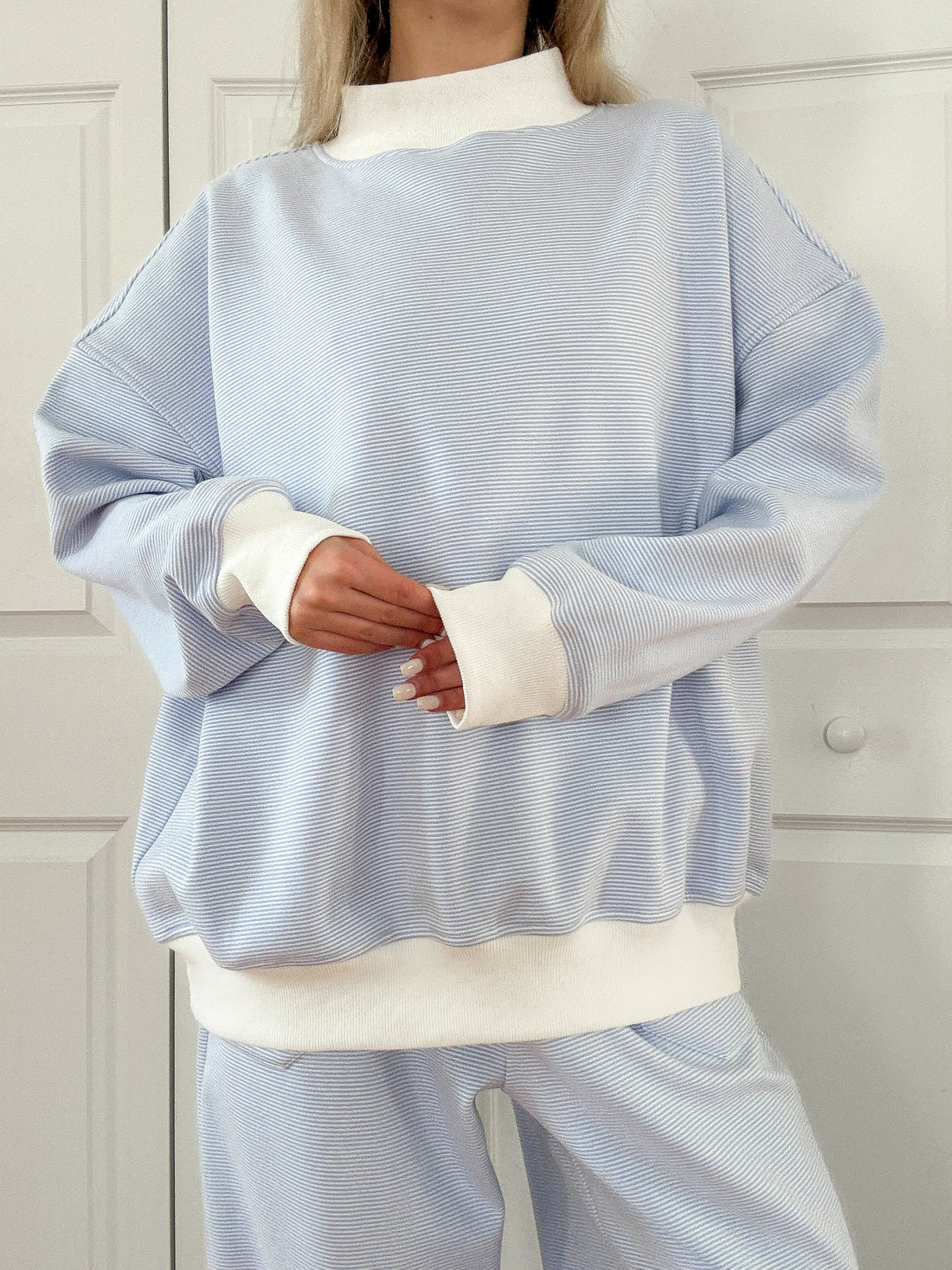 Blue and White Mini Striped Mockneck Sweatshirt Unisex