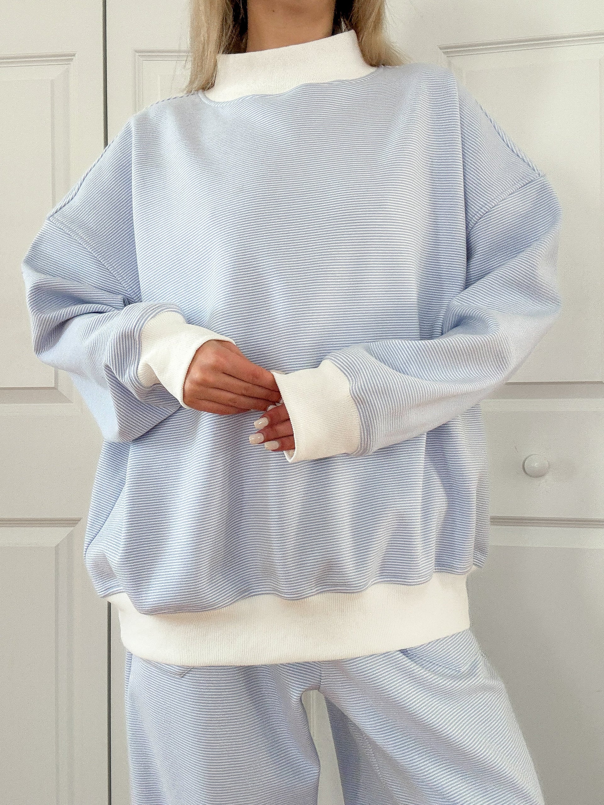 Blue and White Mini Striped Mockneck Sweatshirt Unisex