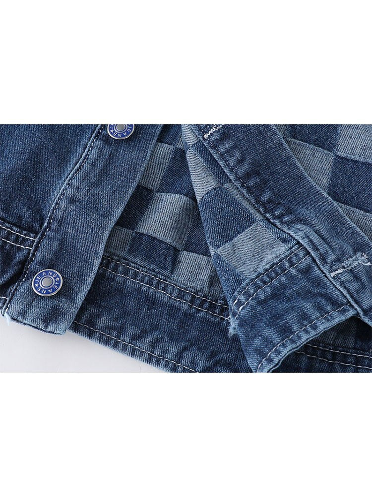 Women's Vintage Y2K Plaid Patchwork Denim Trucker Jacket - Image 5