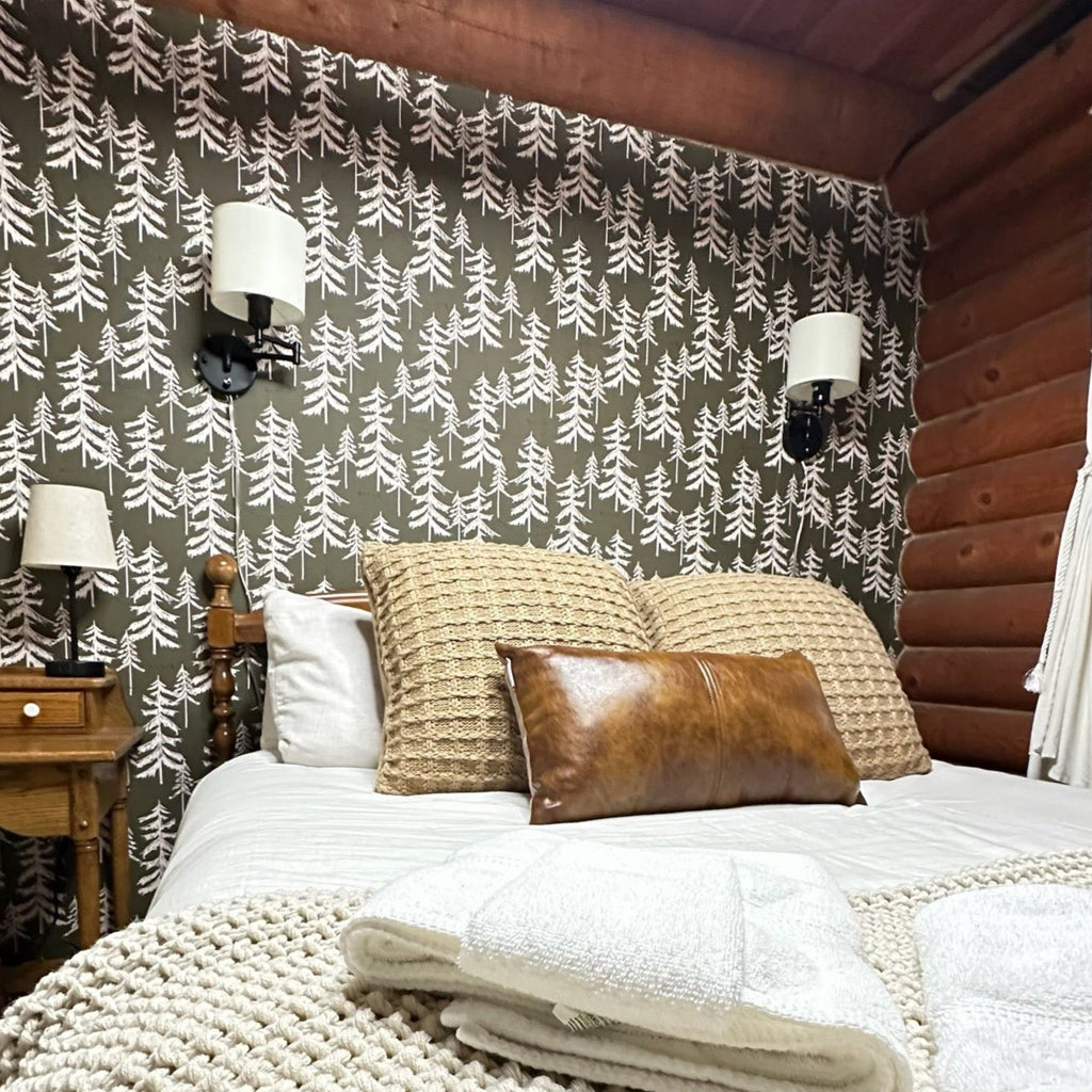 Rustic nature-inspired wallpaper in olive green and white.