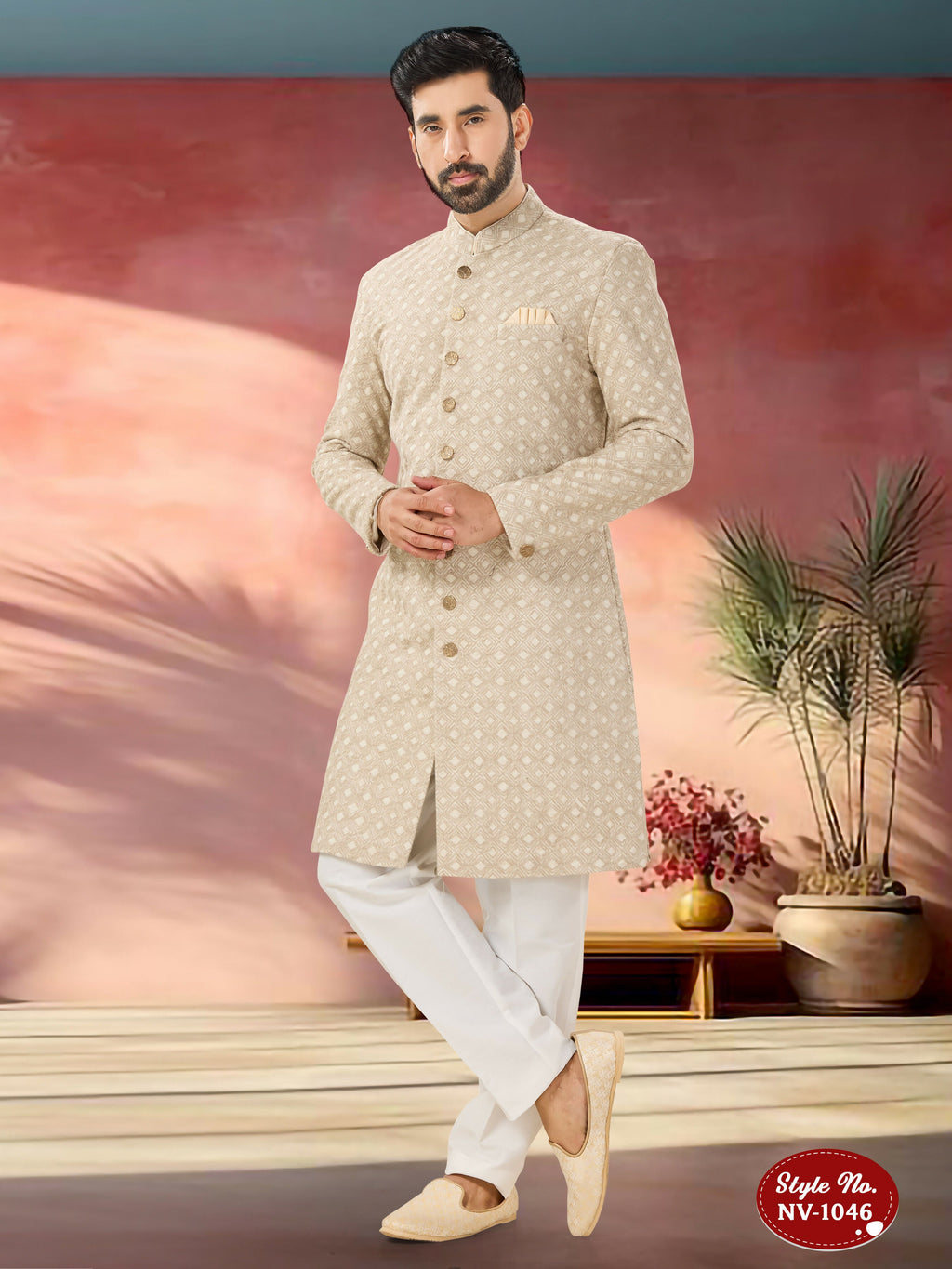 Men's beige Swed velvet Indo-Western kurta with intricate thread and sequence embroidery.