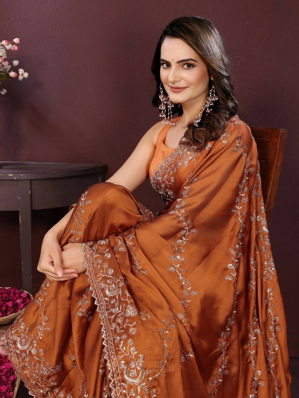Copper Rangoli Silk Saree with Elegant Embroidery Cutwork Border