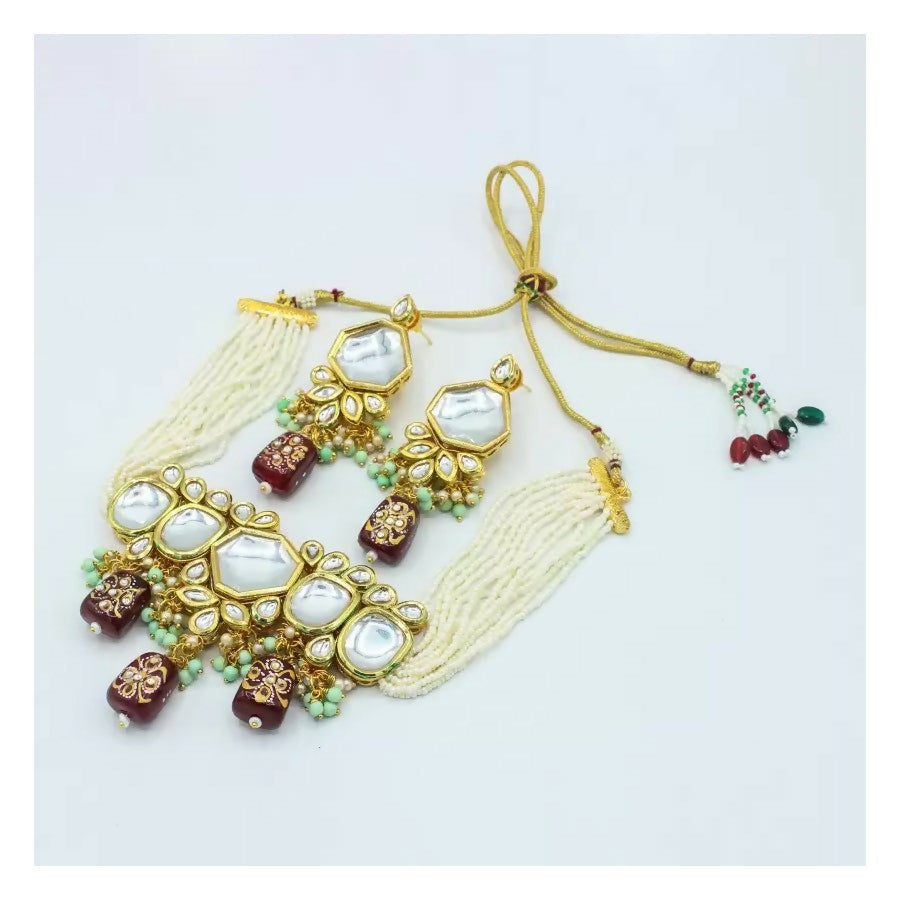 Multicolor Kundan ethnic necklace set with gold, white, maroon, and mint-green stones