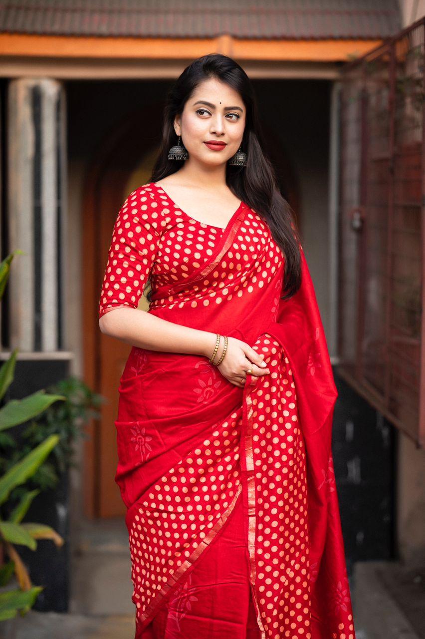 Red Pure Chanderi Cotton Saree with Traditional Hand Block Prints