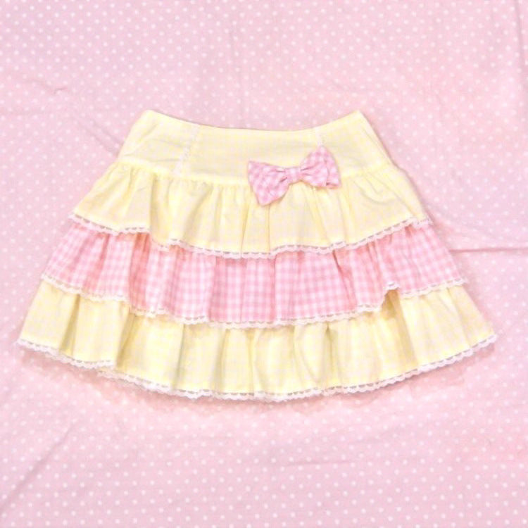 Yellow Pink Gingham Tiered Ruffle Mini Skirt with Bow - Image 2