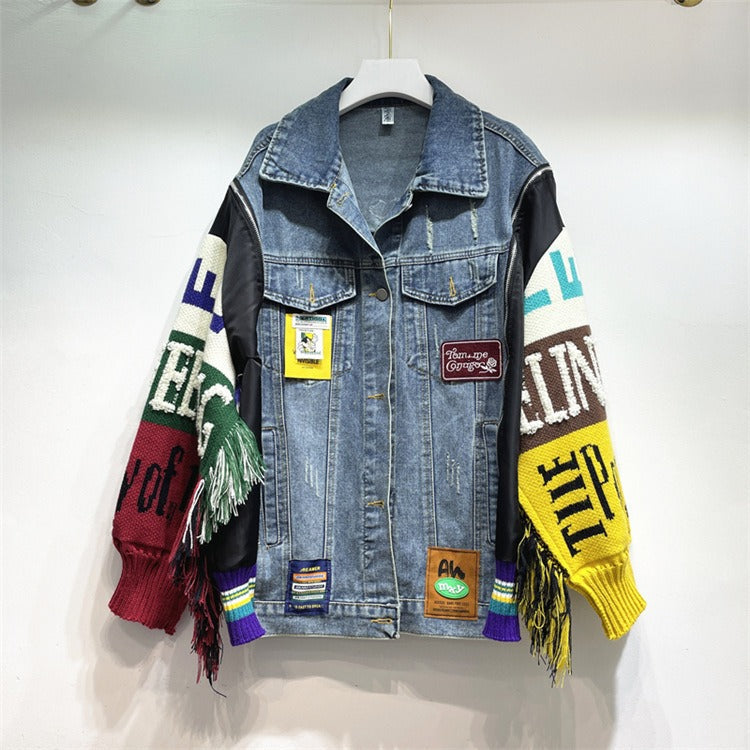 Women's Playful Multicolor Fringed Embroidered Denim Jacket
