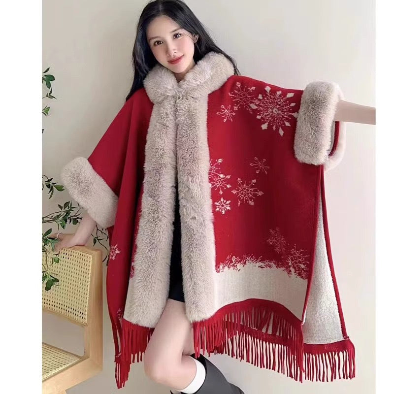 Women's Knitted Hooded Poncho with Fur Trim & Tassels for Winter