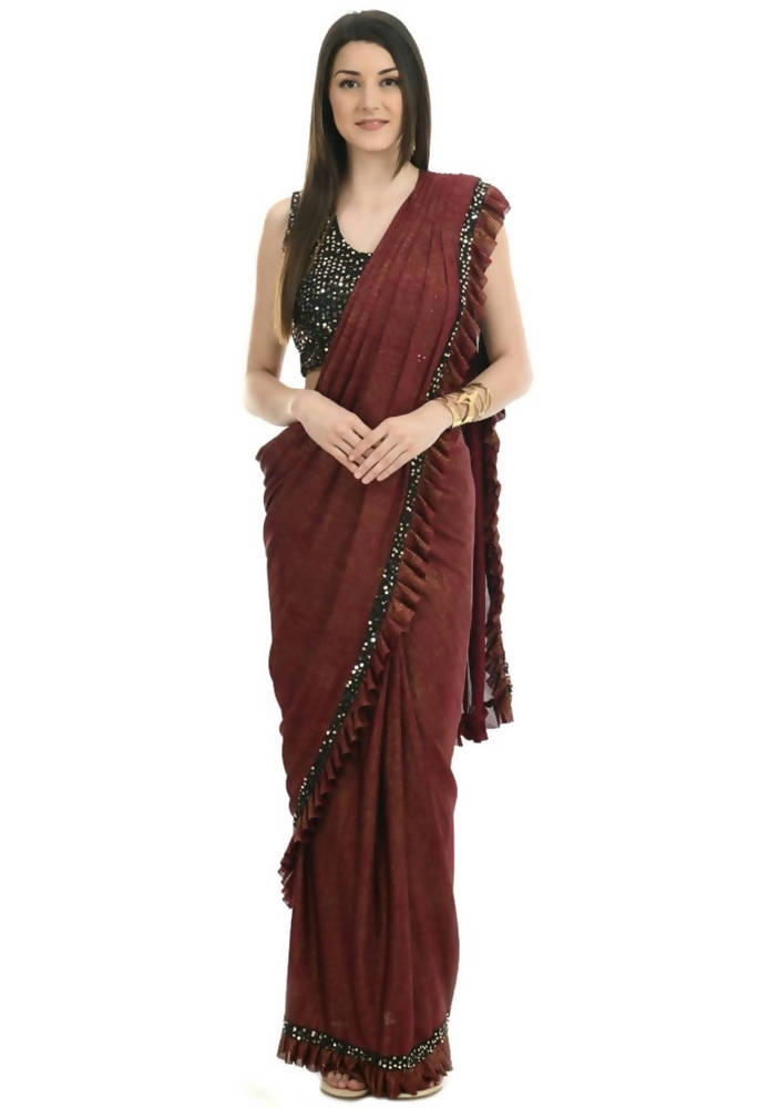 Rust and Black Ruffled Ready-to-Wear Lycra Saree with Sequin Blouse